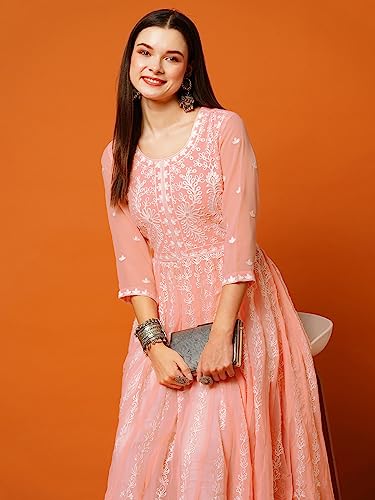 Image of ANNI Designer Women's Georgette Regular Fit Chikankari Embroidered Anarkali Kurti