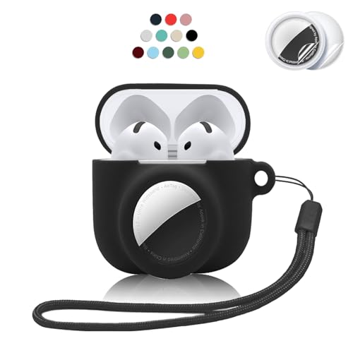 2 in 1 Silicone Case Compatible with AirPod 4 and AirTag Anti-Scratch Anti-Lost Protective Skin Cover for AirPods 4th Generation with 2 PCS TPU Screen Protector&Lanyard