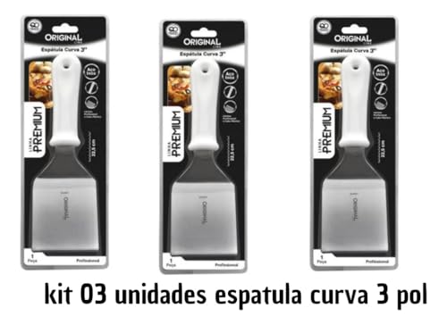 Kit 3 Espátulas Curvas Cabo Bco Inox Chapeiro Pizza Cozinha