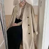 ZayCraye Damski trencz, płaszcz zimowy, elegancki płaszcz wełniany, długa kurtka zimowa z mieszanki wełny, luźny krój, pogrubiona kurtka, beżowy, L