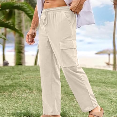 Mens Linen Cargo Pants Straight Casual Summer Beach Trousers with 4 Pockets Lightweight Fitness Pants for Outdoor2