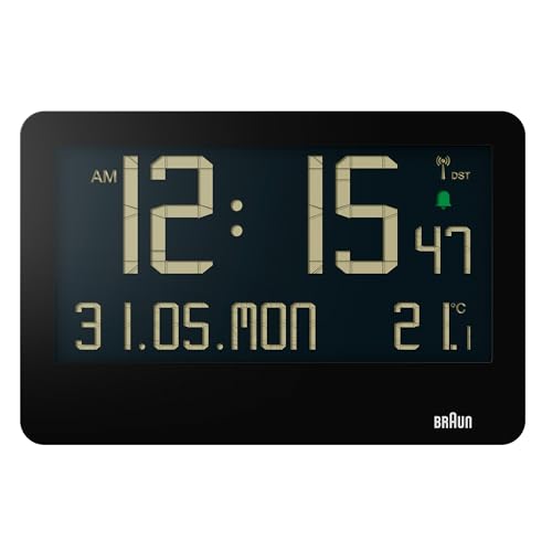 Braun Orologio da Parete Digitale Radiocontrollato con Ora dell'Europa Centrale (DCF) con Temperatura, Data, Giorno, Ampio Display LCD Reverso, Allarme Acustico Crescendo in Bianco, Modello BC14B-DCF