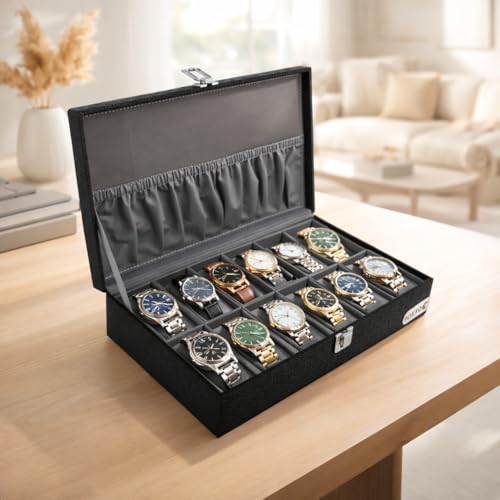 Image of BOXXO 12 Slot Watch Organizer Box for Men & Women - Premium PU Leather Watch Case, Soft Velvet Cushions & Glass Lid Display, Elegant Storage Box - 34x20x8 cm (Grey, 12 Slots)