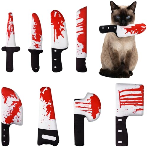 ZooZoo 8PCS Halloween Cat Catnip Toys, Assorted Shapes Plush Set with Crinkle Paper, Durable Bite-Resistant Fabric, Funny Catnip Cat Chew Toys, Interactive Play for Battling, Biting, Chasing (Knives)