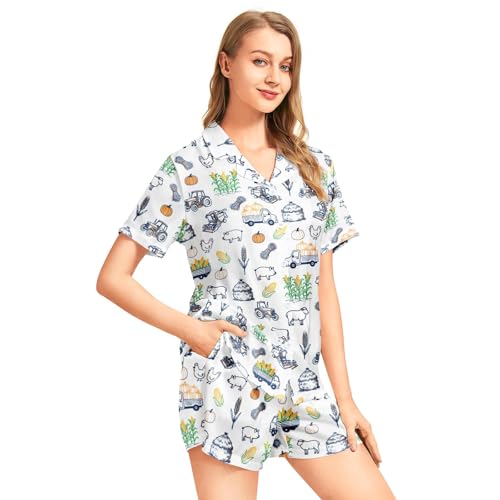 Image of Funny Pajamas for Women Set Print Satin Loungewear Pjs Short Sleeve Button Down Top and Shorts Sets Sleepwear XS-3XL
