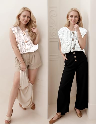 Image of Women's Sleeveless Chunky Knit Cardigan V-Neck Button Down Vest Casual Loose-Fitted Crochet Sweater with Pockets 2024