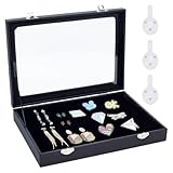 NBEADS Black Velvet Pin Display Case, 11x7.8x1.9 Inch Wall Hanging Brooch Jewelry Storage Case Wooden Presentation Boxes with Glass Window and Hangers for Coin Medals Pins Badges Display and Storage