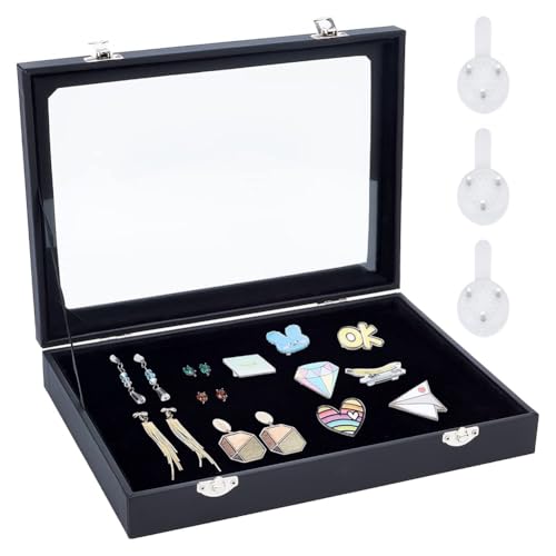 NBEADS Black Velvet Pin Display Case, 11x7.8x1.9 Inch Wall Hanging Brooch Jewelry Storage Case Wooden Presentation Boxes with Glass Window and Hangers for Coin Medals Pins Badges Display and Storage