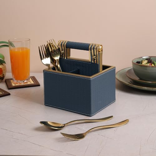 Image of HOME 360 Woven Pattern Leather Spoon Stand | Cutlery Stand with 4 Divider 18X16X13 CM | Use for Dining table| Organize Spoons | Forks | Cutlery | Home Decor | Spoons Holder | Cutlery Holder | Blue