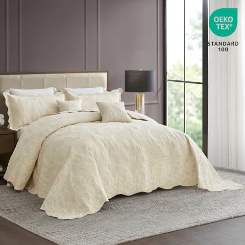 Image of HZ & HY Oversized King Bedspread 128x120 Extra Wide, Stitched Paisley Quilt Set King /Cal King, Lightweight Reversible Coverlet, Scalloped Edge - Soft Classic Look, 5 Piece, Ivory Yellow