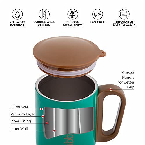 Image of DUBBLIN Polo Stainless Steel Unbreakable Tea Coffee Mug Double Wall with Handle and Lid, Wide Mouth Mug Keeps Beverages Hot & Cold 220 ML Green