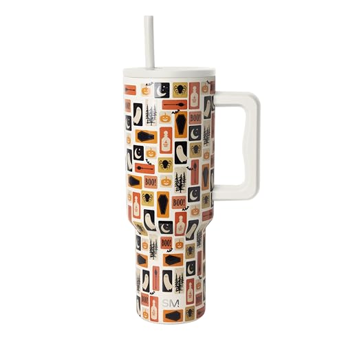 Simple Modern Halloween 40 oz Trek Tumbler with Handle and Straw Lid | Cup Holder Friendly Insulated Stainless Steel Travel Mug | Spooky Stamps on Cream