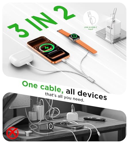 Image of Travel Essentials for Apple Watch Charger,iPhone Charger,3 in 2 Type C /Lightning /Magnetic Travel Charging Cable,Portable Multi Charging Cable for Apple Watch, iPhone 17‑11,Samsung S26,Car,Camera-4ft