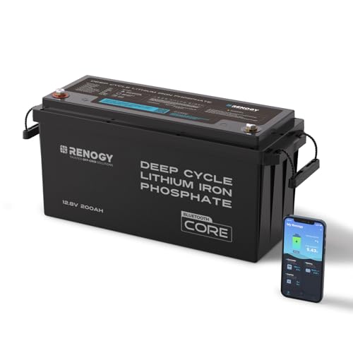 Image of Renogy 12V 200Ah Bluetooth Lifepo4 Battery, Bulit in 200A BMS Lithium Deep Cycle Battery, 400A Peak Power Surge for Off Grid Life, Backup Power for RV, Camping, Cabin, Marine