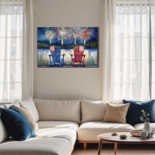 Image of Framed 4th of July Fireworks Adirondack Chair Wall Art, Patriotic Lake Canvas Art Pictures, USA Flag Wall Decor, Made in USA Ready to Hang for Living Room Porch