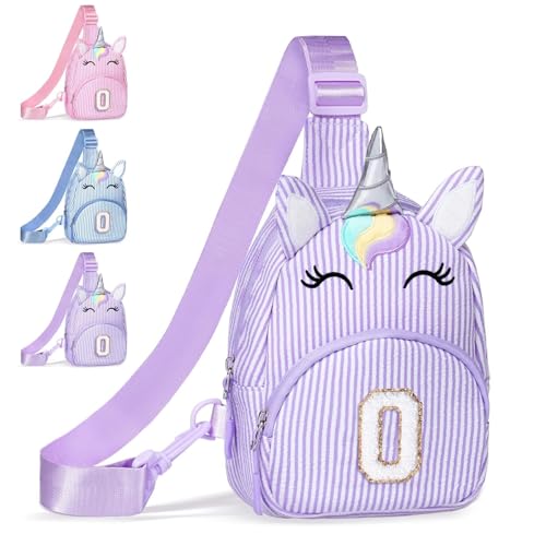 Image of COSHAYSOO Purple Girl Purse Unicorn Crossbody Sling Bag Small, Cute Easter Day Gifts for 3 4 5 6 7 8 9 10 Year Old Girls Easter Basket Stuffers Birthday Party Favor Girly Stuff Initial Letter O