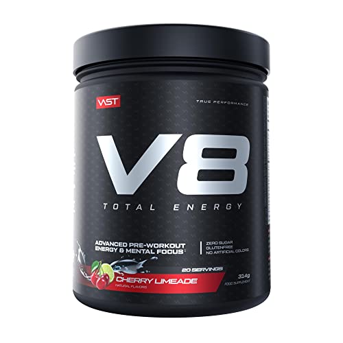 V8 Total Energy – Pre Workout Booster – Trainingsbooster – CarnoSyn®, BetaPower®, natürliches Koffein – Vegan – Zuckerfrei – 20 Portionen – Made in Germany – Cherry Limeade