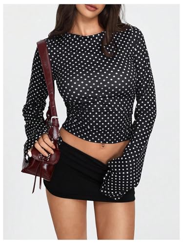 Milumia Women's Polka Dots Bell Sleeve Crop Tee Top Y2K Ruched Slim Fit Going Out T Shirt2
