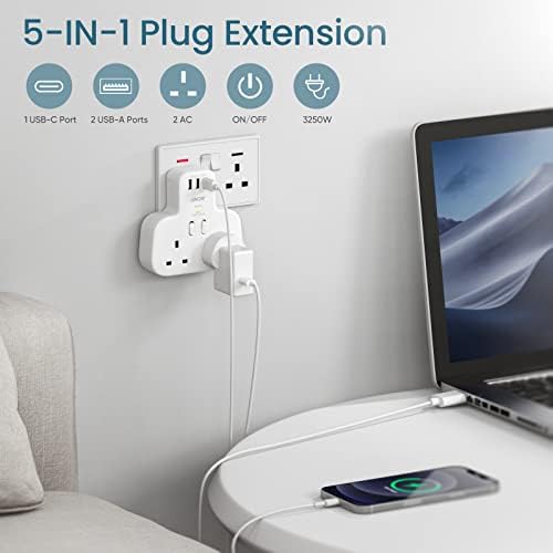 Double Plug Adaptor with 1 USB C and 2 USB Ports, Surge Protected Multi Plug Adapter , LENCENT 2 Way Wall Plug Extender for Household Appliances, iPhone, Smartphones, Tablets, 13A 3250W