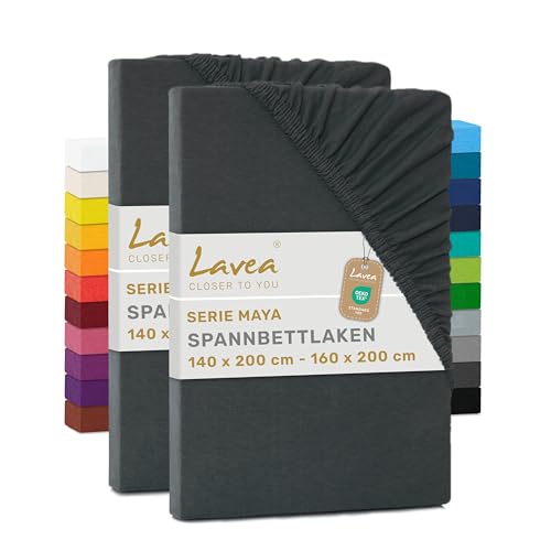 Lavea® 2er Pack Spannbettlaken 140x200cm - 160x200cm, Bettlaken aus 100% Baumwolle Jersey, mit Rundumgummizug, für Matratzen bis 20 cm Höhe, weich, formstabil, langlebig, Anthrazit