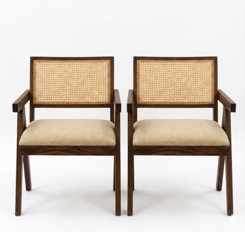 Image of WELL KNOWN | Solid Sheesham Wood Rattan Armchair | Nature Finish, Cane Back & Cream Upholstery | Mid-Century Modern Accent Chair for Living /Dining Room (Pair of 2, Teak Finish)