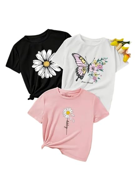 knit vey Trendy Women's Printed Cotton T-Shirts Combo – Pack of 3 | Floral & Butterfly Designs | Soft & Stylish Casual Tees for Everyday Wear-picture-25