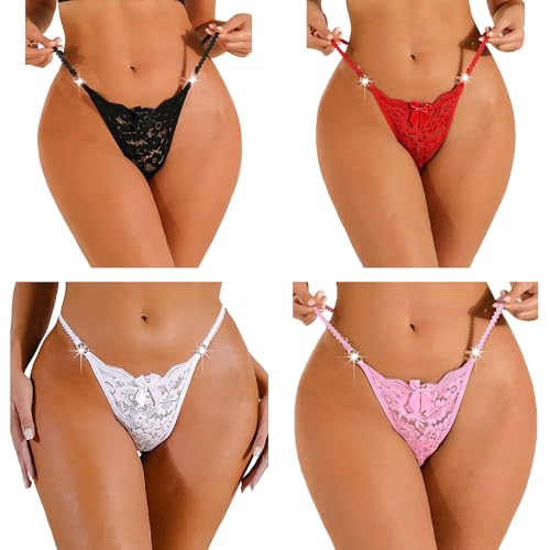 FULLJOYLOVE Women's Sexy Lace Mesh Hollow Panties Waist Belt Drill Seamless Knickers Ladies Stretchy Low Rise Bikini Briefs Hipster Lace Underwear for Female Black Red White Pink M