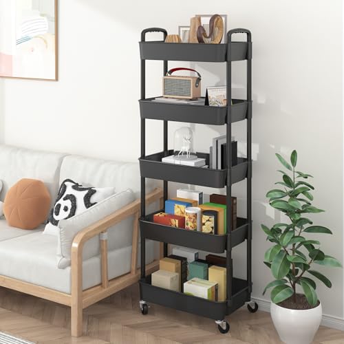 Image of Sywhitta 5-Tier Plastic Rolling Utility Cart with Wheels,Black | Multi-Functional Storage Trolley, for Office, Living Room, Kitchen, Bathroom,Movable Organizer,Space-Saving,Easy to assemble