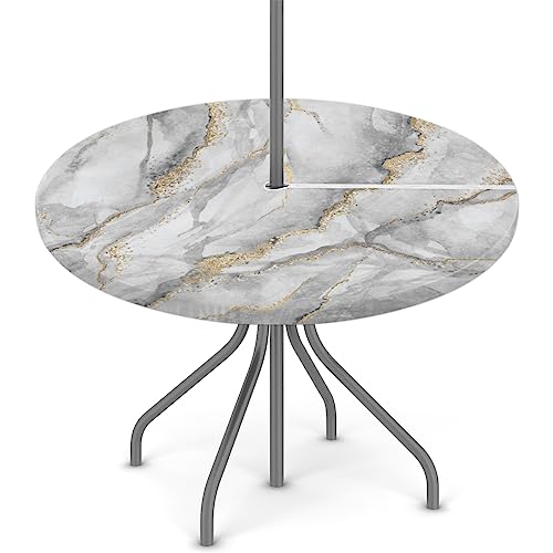Marble Texture Morden Outdoor Round Tablecloth with Umbrella Hole Round Fitted Patio Table Cover with Elastic Edged Waterproof Wipeable Table Cloth Fit 45