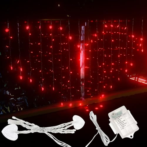 SHINEOFI Guirlande Lumineuse LED en Forme de Cœur pour Rideaux, Idéale pour Un Mariage Ou La Saint-Valentin, Décoration Intérieure de Fenêtre, 78,7 X 59 Pouces, Rouge (sans Piles).