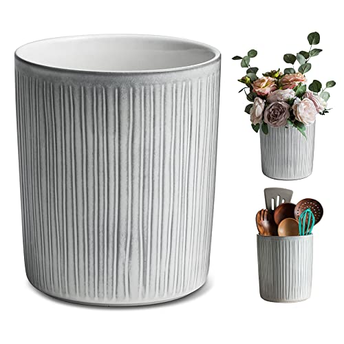 Utensil Holder for Kitchen, 7 Inches Cooking Utensil Crocks, Ceramic Large Utensil Caddy for Kitchen Countertop Organizer Vintage Farmhouse Kitchen Decoration, Chic Style Vertical Pattern Gray & Blue