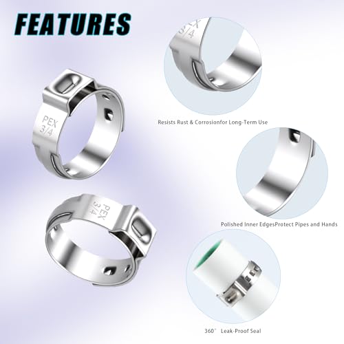 3/4 inch PEX Crimp Rings (100-Pack) - Heavy Duty Clamps Rings - 304 Stainless Steel Thickened Single Ear Hose Clamps ,Secure Seal for Plumbing PEX Tubing Pipe Fitting