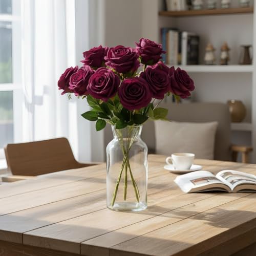 Image of Artificial Rose Flower Bouquet - 7 Soft Dark Red Silk Roses with Green Leaves | Realistic Artificial Flowers for Home Decoration, Wedding, Party & Gift