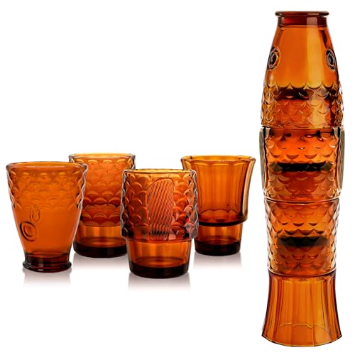 UPZAI Lot de 4 verres à poisson à l'ancienne : 355 ml – Verres de cuisine en verre – Gobelets à eau esthétiques pour boissons à côté de boissons, jus, café, bière, cocktail, whisky (ambre)