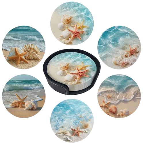 sunwarshile Beach Coasters for Drinks with Holder Round Leather Coasters Set of 6 Cups Mugs Mat Pad for Home Kitchen Bar