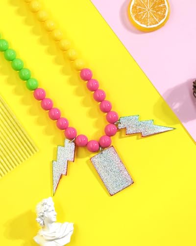 Ronglry 80s Outfits Costume Accessories for Women 80s Necklace Neon Beaded Necklaces for Glow Party Beads Necklaces with Lightning/Tape Neon Jewelry for Women 80's Party Decorations Favors4