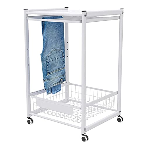 FBITE Trouser Hangers with Storage, Rolling Pants Trolley with Storage Basket for Indoor Balcony Nursery, Closet Organization Rack for Jeans Dress Scarf