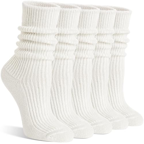 SAVALOS Women White Merino Wool Slouchy Boot Socks Warm Winter Thermal Slouch Scrunch Cozy Knit Comfy Hiking Work Gifts Socks 5 Pairs Stocking Stuffers(White Medium)