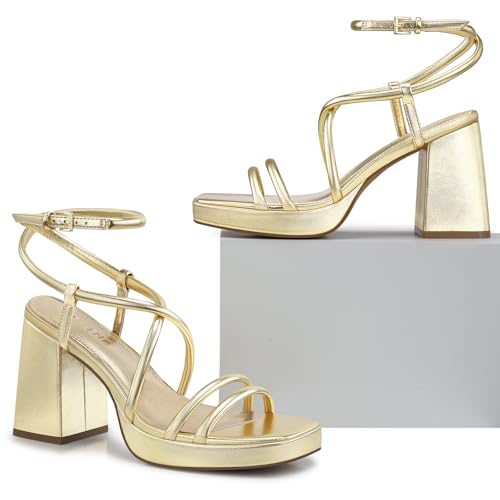Image of CELLENZ Women Chunky Platform Heels: 3.9 Inch High Heel Prom, Wedding, Party, Square Open Toe Heeled Sandals, Strappy Comfortable Sexy Dressy Heels