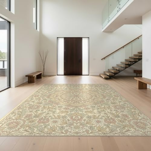 Design&I 8'x10' Easy Clean Traditional Medallion Massive Rug, Beige for King Size Bedroom, Master Suite, Under Bed, Sleek Flatweave Pet Friendly Built-in Grip Mat | 2209373