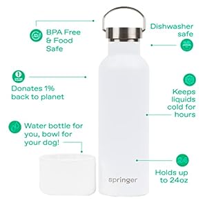 Springer dog and me 24oz stainless steel insulated water bottle  cold for 12+ hours  portable dog water bottle with integrated travel water bowl for dogs portable dog water bottle  white   cucciolini doodles