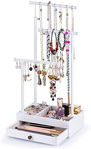 Love-KANKEI Necklace Holder Jewelry Tree Stand Adjustable Height with Large Storage for Necklaces Bracelets Earring Rings Drawer Jewelry Organizer Jewelry Display White and White