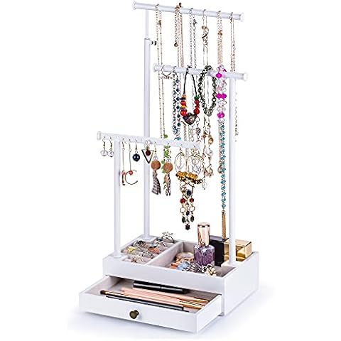 Love-KANKEI Necklace Holder Jewelry Tree Stand Adjustable Height with Large Storage for Necklaces Bracelets Earring Rings Drawer Jewelry Organizer Jewelry Display Gift White and White Cover