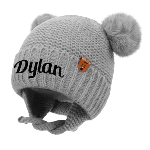 Personalized Baby Beanies Hats, Custom Embroidered Name Knitted Toddler Winter Hat with Earflap