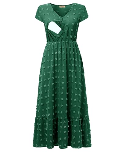 Image of CzzzyL Women Nursing Boho Maxi Dresses Cap Short Sleeve V Neck Swiss Dot High Waisted A-Line Ruffle Tiered with Pockets