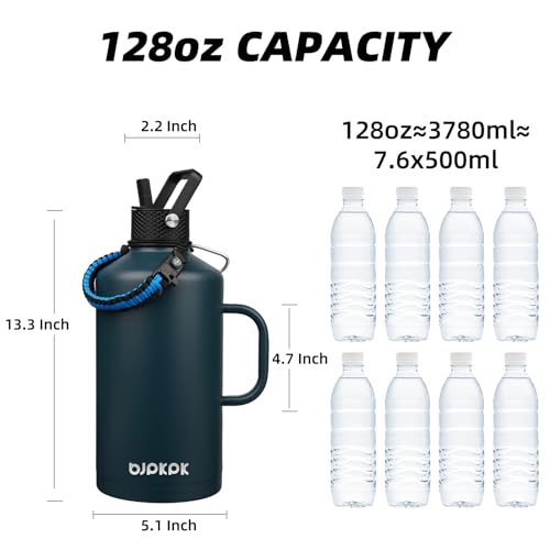Image of BJPKPK 1 Gallon Water Bottle Insulated with Straw Lid, 128oz Large, Stainless Steel Water Bottles with 3 Lids and Paracord Strap, Double Wall Vacuum Metal Water Jug,Navy Blue