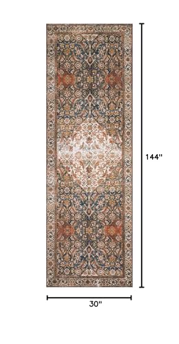 Loloi Layla Collection LAY-05 Ocean/Multi 2'-6" x 12'-0" .13" Thick Runner Rug, Soft, Durable, Vintage Inspired, Distressed, Low Pile, Non-Shedding, Easy Clean, Printed, Living Room Rug
