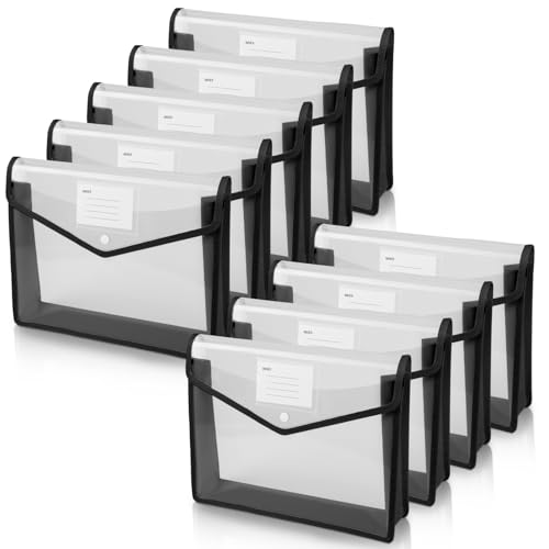AOOSU A4 Pochette Plastique, 9pcs Enveloppe Transparente Chemise à Bouton Pression, Porte-Document Extensible Horizontal, Fichier Document, Pochette Porte-Documents pour Fournitures Bureaux Voyage