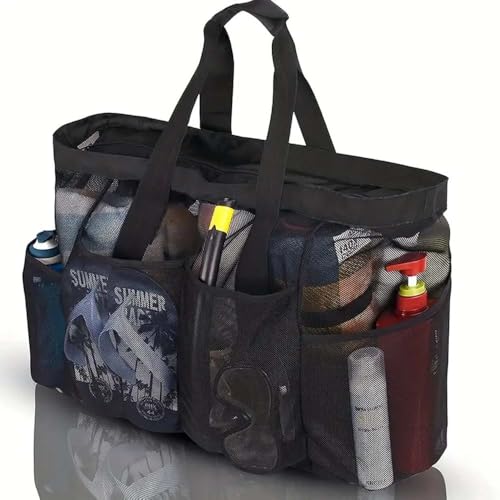 Kaket 1pc Extra Large Beach Bag, Mesh Bag with Zipper and Pockets Ideal for Your Family Beach Trip Large Capacity Finishing Organizer Bag2