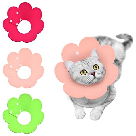 HACRAHO Cat Recovery Collar, 3 PCS Adjustable Flower Cat Cone Collar After Surgery Soft Cat Recovery Cone Collar with Sunflower Shape for Cats Kittens Puppies, Fluoresecent Green, Pink and Rose Red Cover